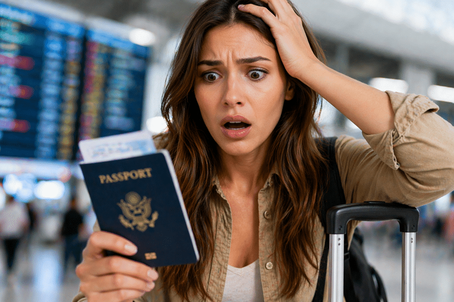 Concerned woman at an airport holding a passport with a suitcase nearby, looking stressed or shocked.