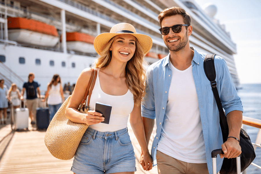 Smiling couple walking on a cruise ship pier; woman in a straw hat holds a passport and bag, man with sunglasses and rolling suitcase.