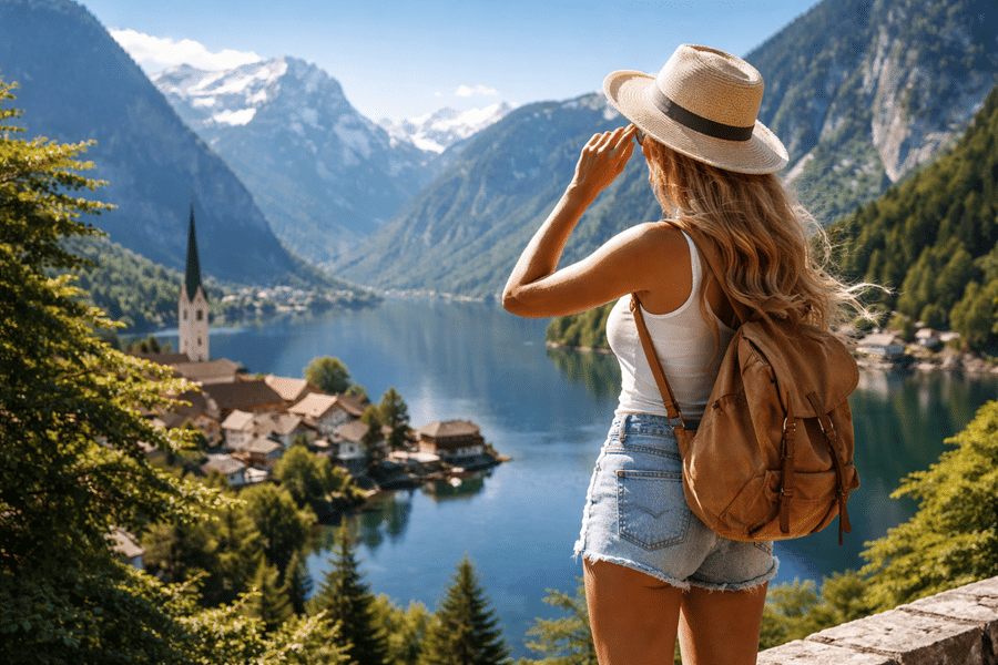 Woman with a straw hat and backpack gazes at an alpine lake village and snow-capped mountains in the distance.