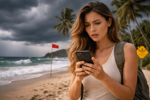 Woman on a sandy beach wearing a tank top and backpack, focused on her phone as stormy clouds roll in and a red warning flag waves by the water.