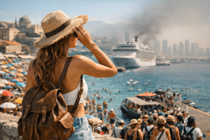 Woman with straw hat and brown backpack overlooks a crowded beach as a large cruise ship sits in the harbor behind her.