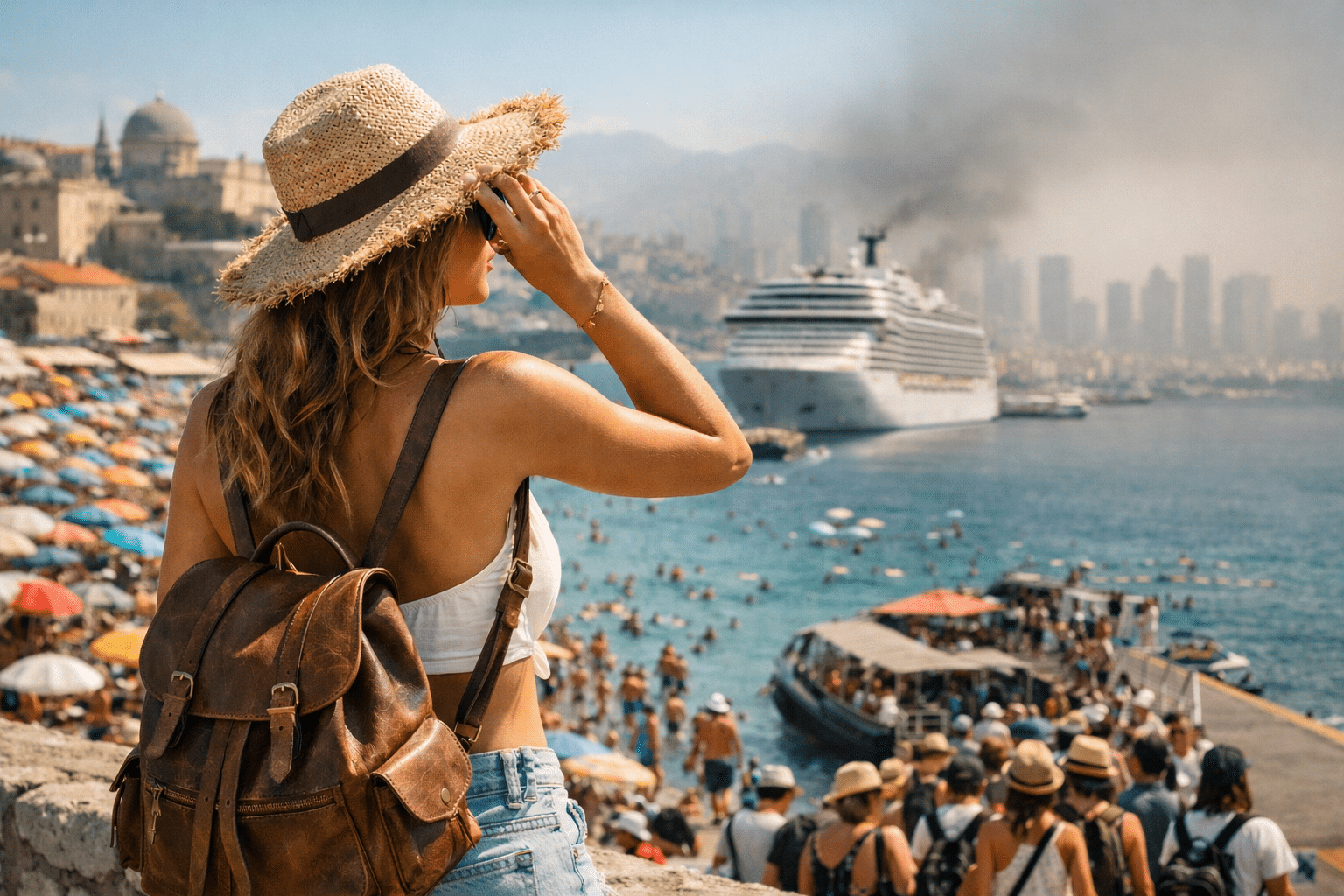 Woman with straw hat and brown backpack overlooks a crowded beach as a large cruise ship sits in the harbor behind her.