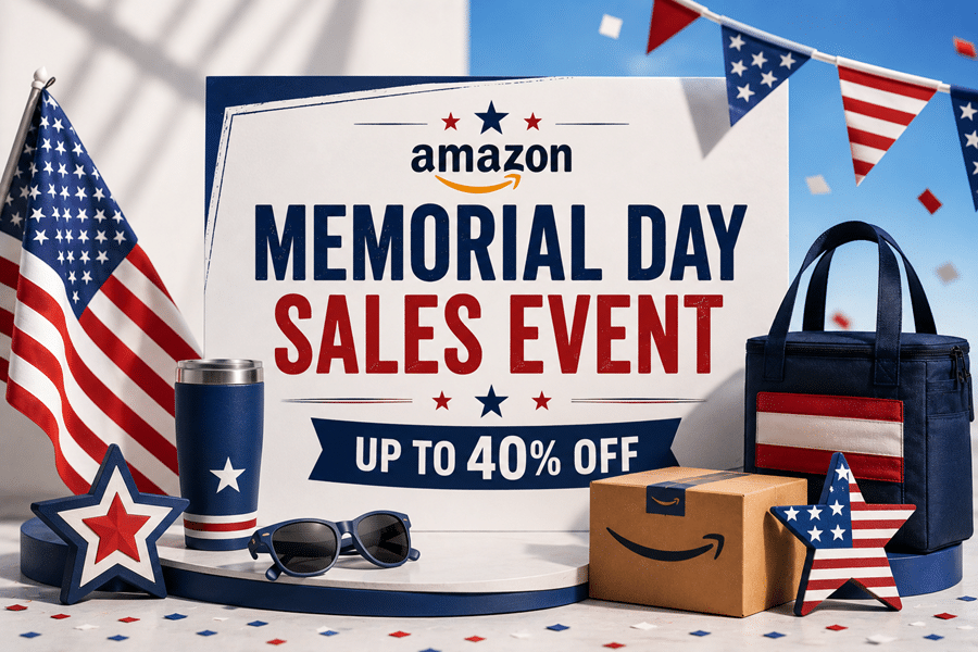 Promotional display for Amazon Memorial Day Sale with patriotic decor and up to 40% off banners.