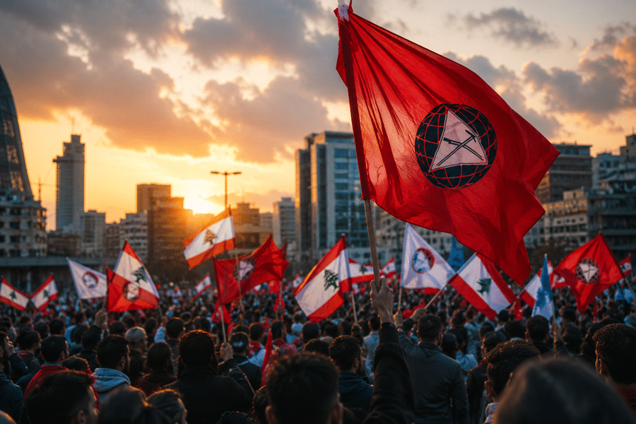 Large crowd of protesters in an urban square at sunset, waving red flags with a circular emblem.