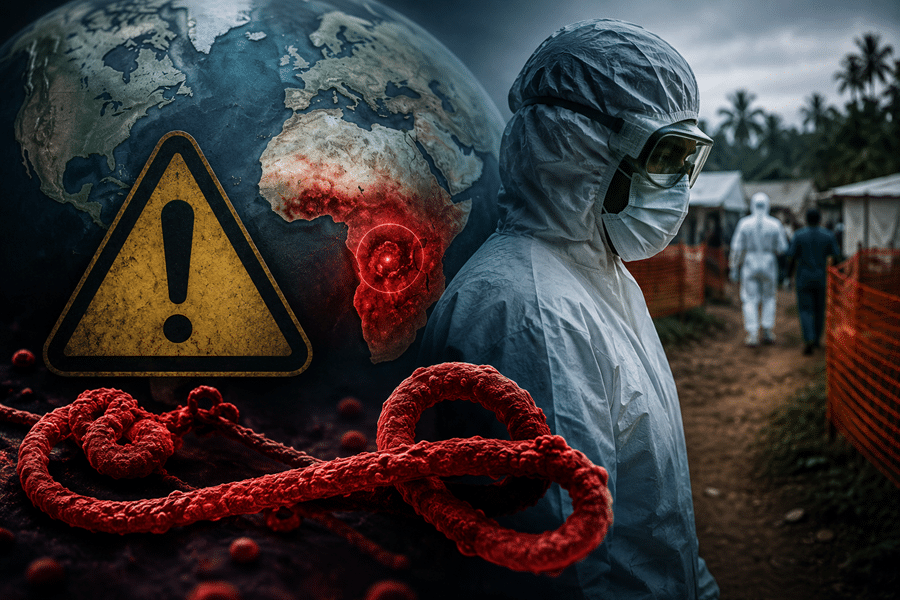 Scientist in full protective suit and mask at an outbreak camp, with a large warning sign and a red virus graphic over a globe.