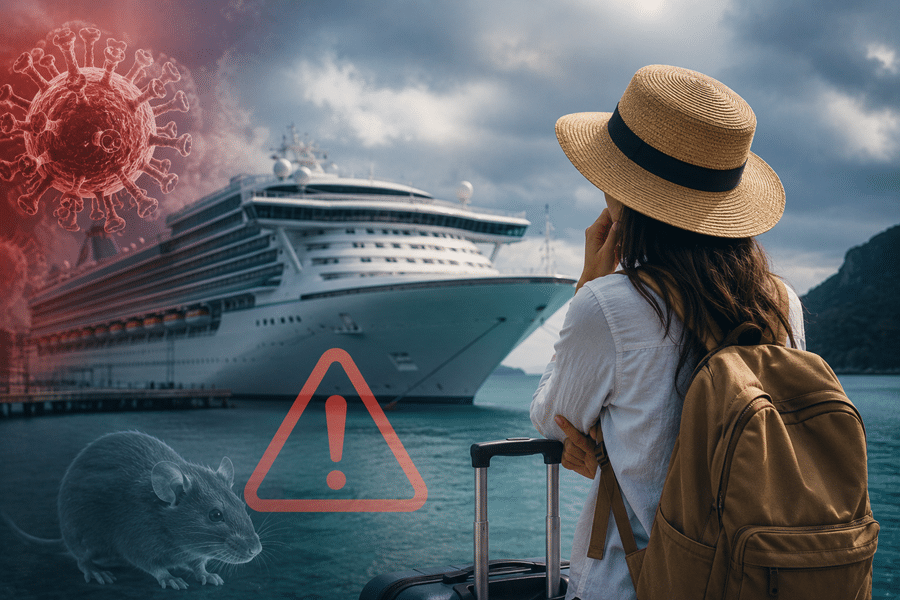 Traveler with a backpack and rolling suitcase gazes at a cruise ship docked at the harbor, with a red virus graphic and a warning triangle overlay signifying health risk.
