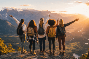 Five hikers with backpacks stand on a mountain summit, arms raised as the sun sets over a valley.