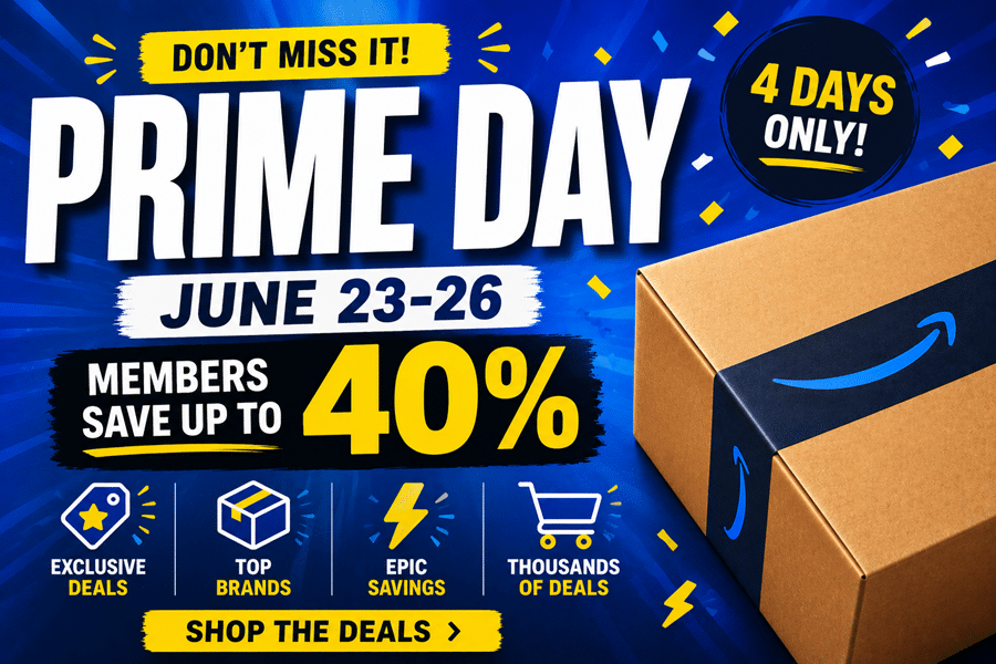 Advert for Prime Day: bold white 'PRIME DAY' text with dates June 23-26 and '40%' savings for members; includes 'Don't Miss It!' and '4 Days Only!' badge, plus a box image on the right and icons for deals, brands, savings, and deals.