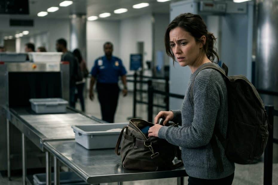 Woman at an airport security checkpoint stands beside a metal inspection table, looking concerned as she opens a bag from her backpack nearby on the table, with security staff in the background.