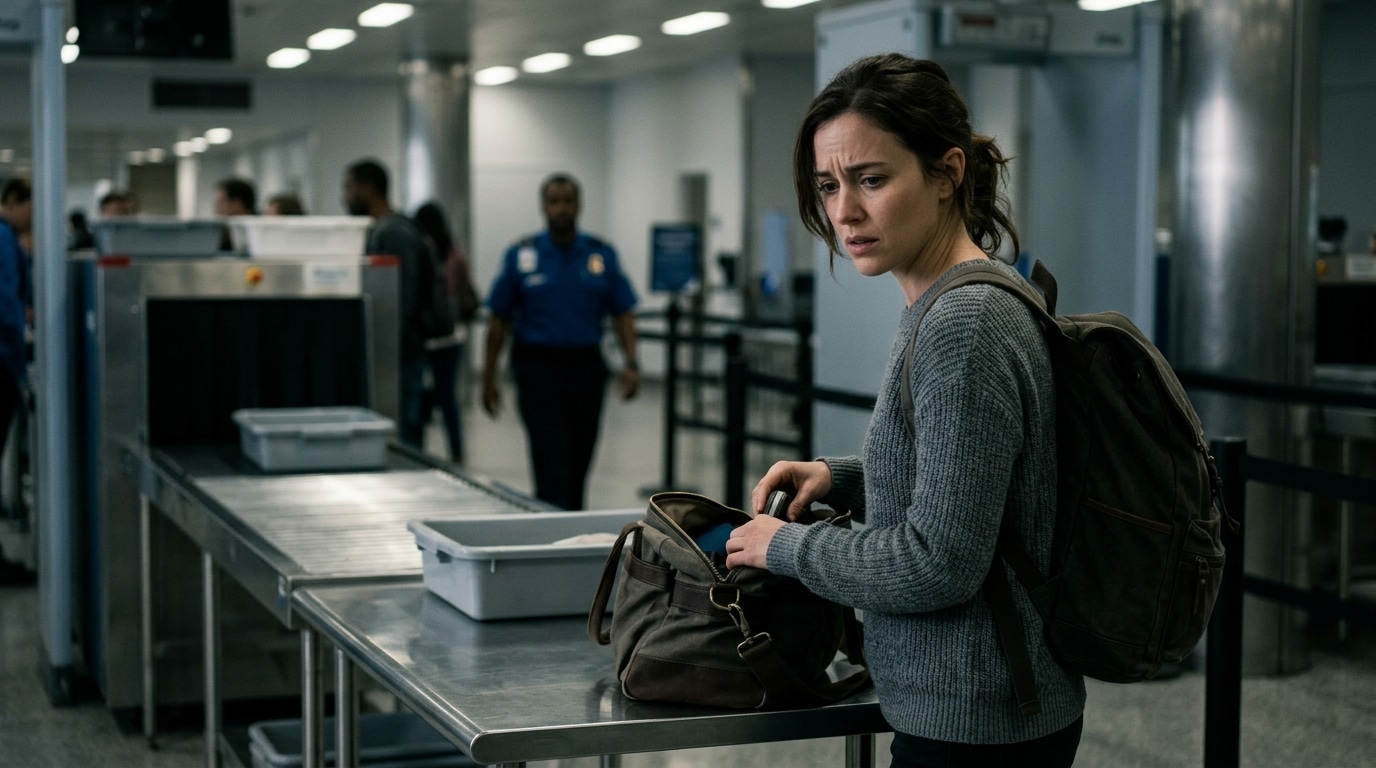 Woman at an airport security checkpoint stands beside a metal inspection table, looking concerned as she opens a bag from her backpack nearby on the table, with security staff in the background.