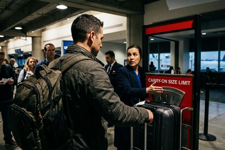 Airport security or boarding area: a staff member checks a traveler's small suitcase on a size-limiter scale while holding it.