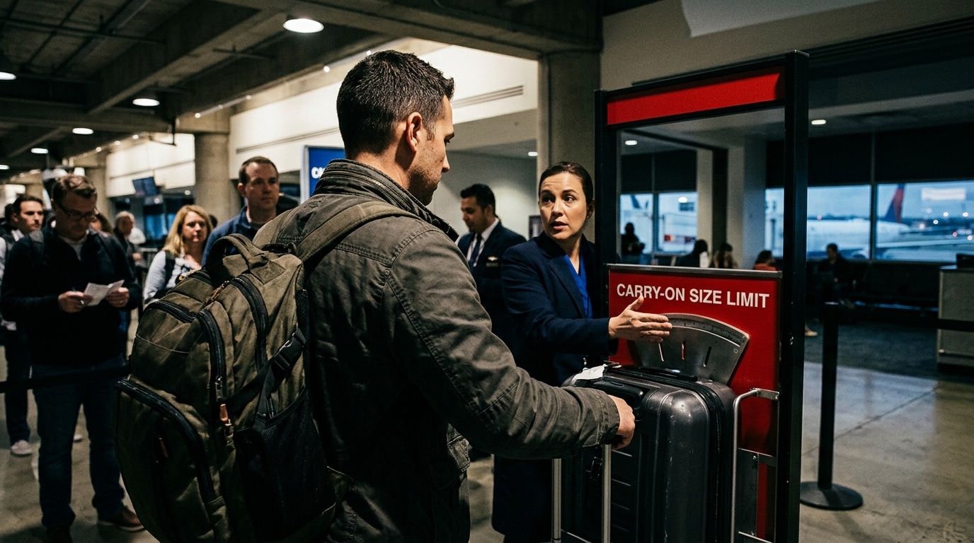Airport security or boarding area: a staff member checks a traveler's small suitcase on a size-limiter scale while holding it.