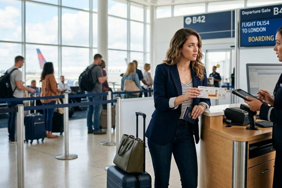 Traveler at check-in counter holding boarding pass and passport near a luggage trolley, airport scene with gate sign in background