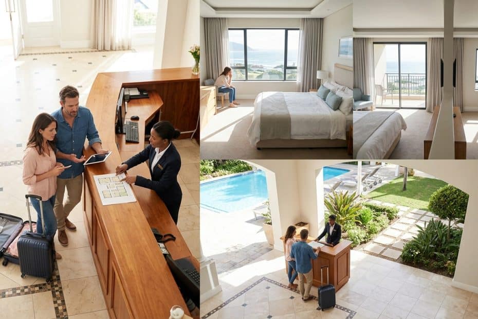 Couple at the hotel reception with a staff member, luggage by their side, and a wooden check-in desk in a bright lobby.