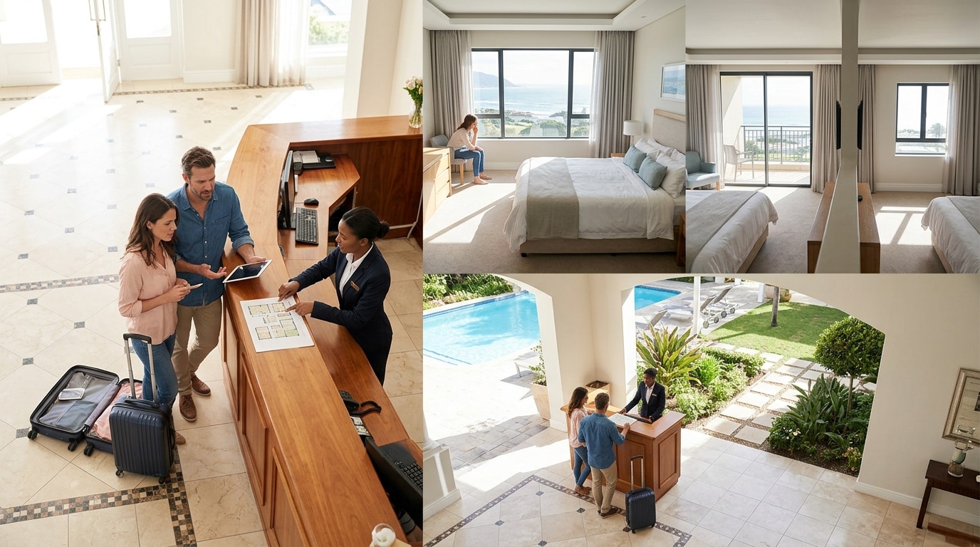 Couple at the hotel reception with a staff member, luggage by their side, and a wooden check-in desk in a bright lobby.